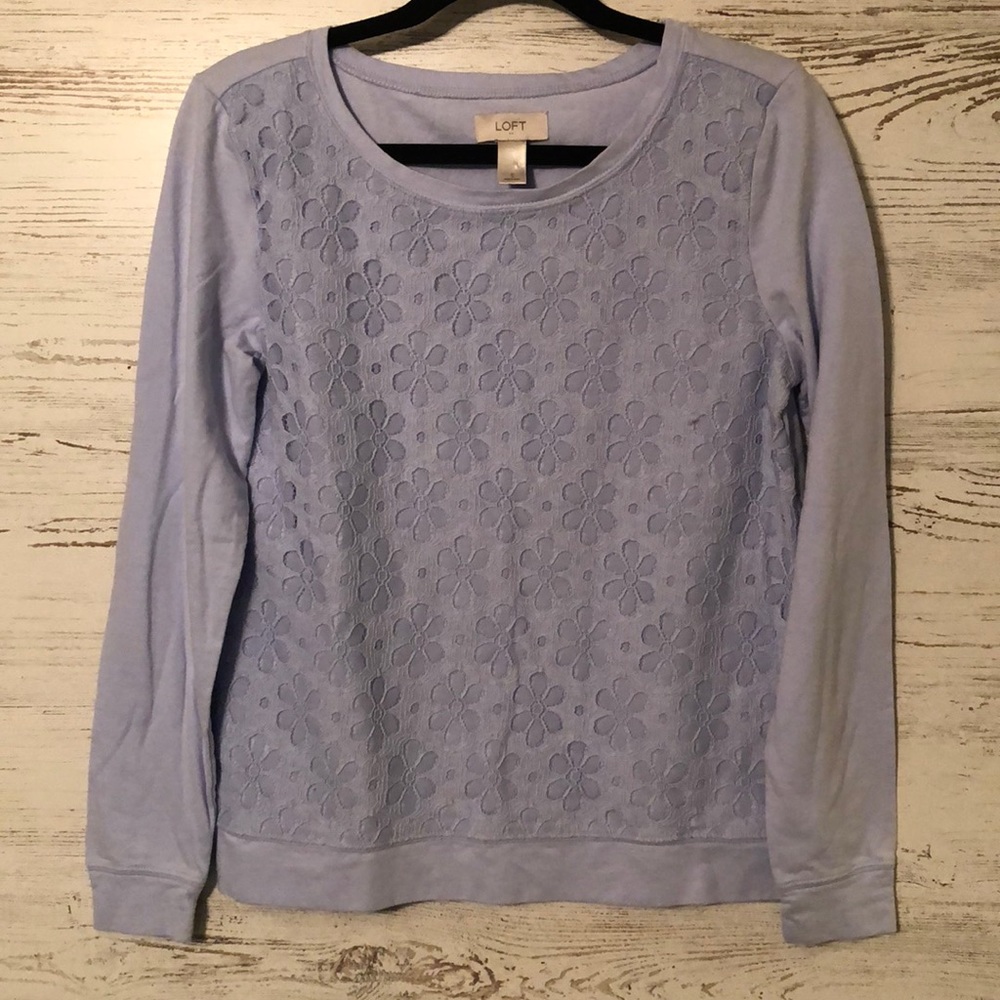 Loft Periwinkle Floral Lace Front Sweatshirt S EUC